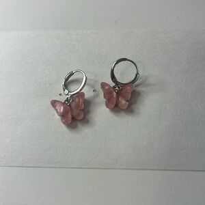 Pink and Silver Butterfly Hoop Earring